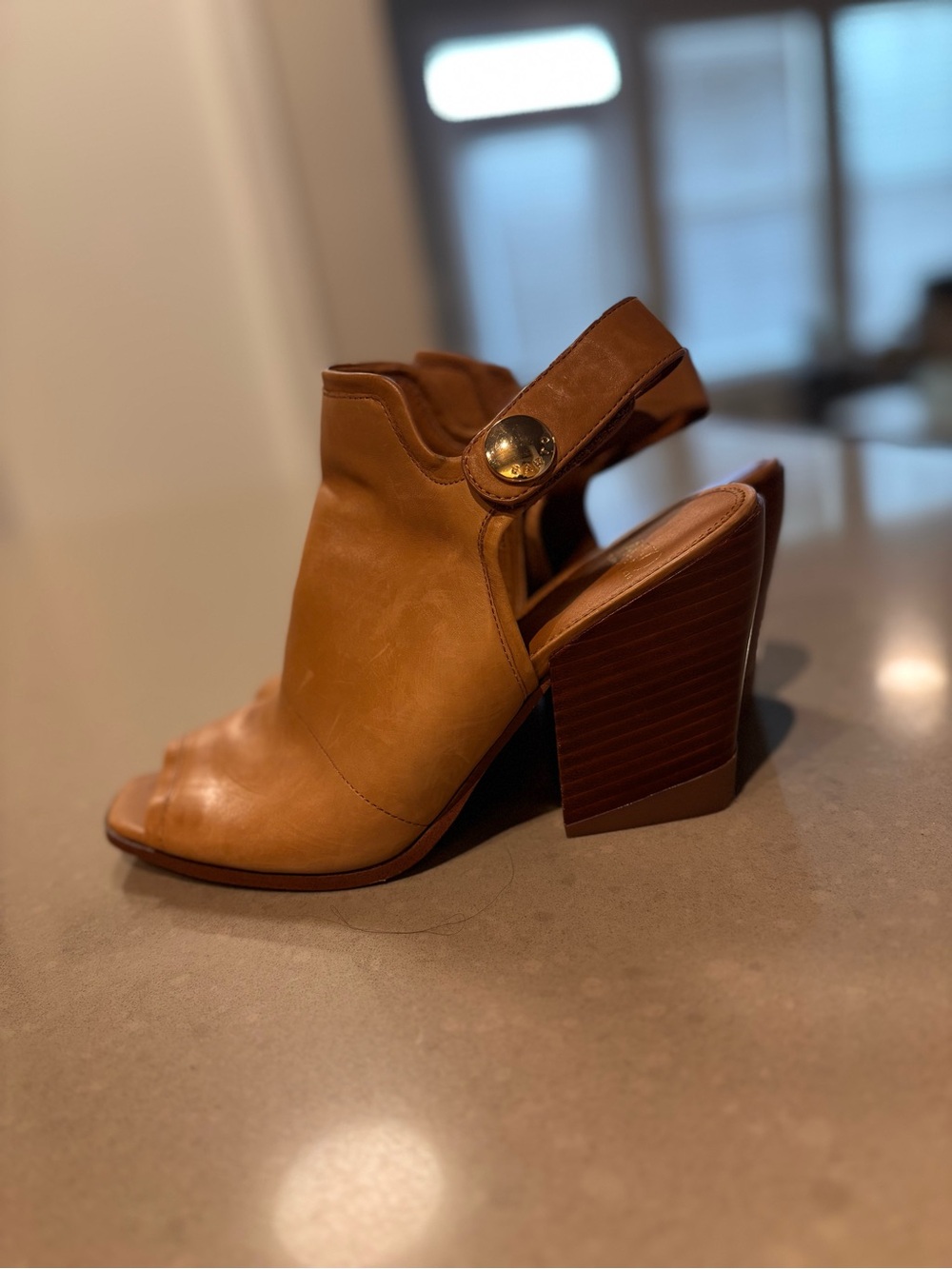 Franco Sarto Cognac Leather Open-Toe Slingback Block Heels